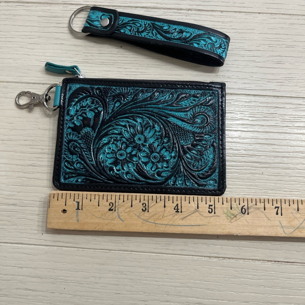 Unique Leather Card Wristlet Turquoise & Black Tooled Leather - Picture 6 of 8
